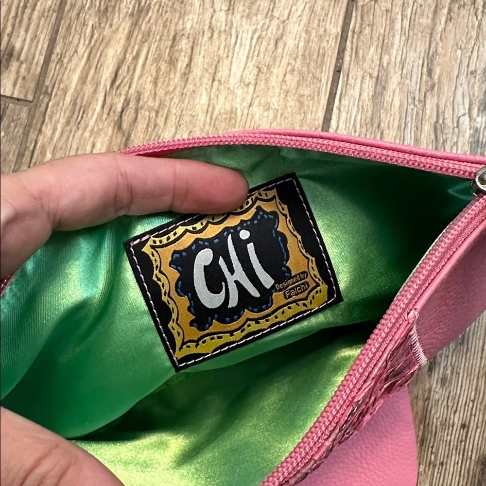 Chi by Falchi Leather pink snakeskin zipper pouch set